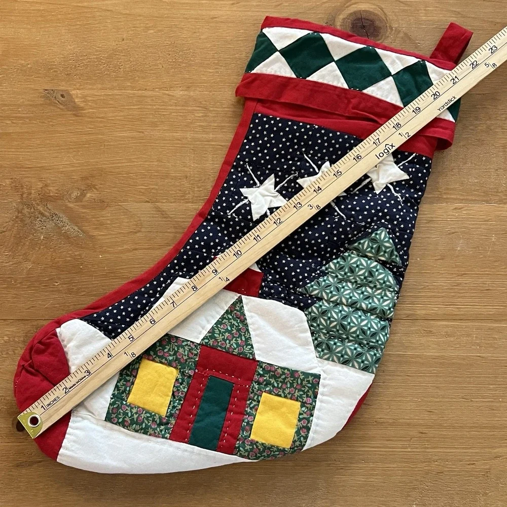 Quilted Christmas Stocking Patchwork Cottage Stars Farmhouse Holiday Decor